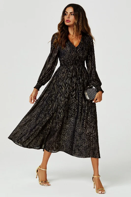 Gold Stripe Foil Long Sleeve Maxi Dress In Black