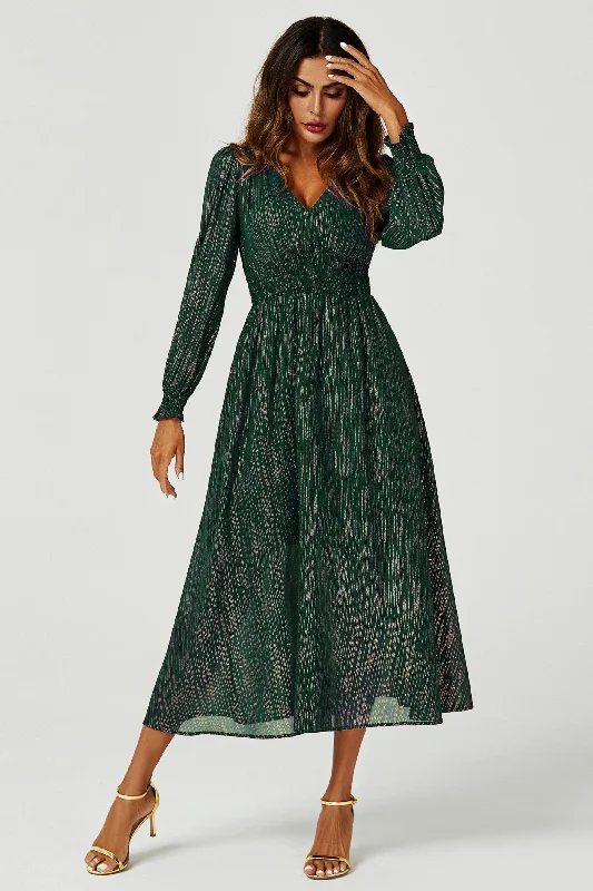 Gold Stripe Foil Long Sleeve Maxi Dress In Green