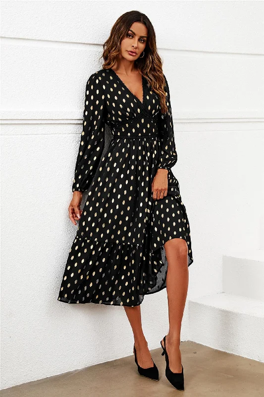 Lace Trim Foil Long Sleeve Maxi Dress In Black