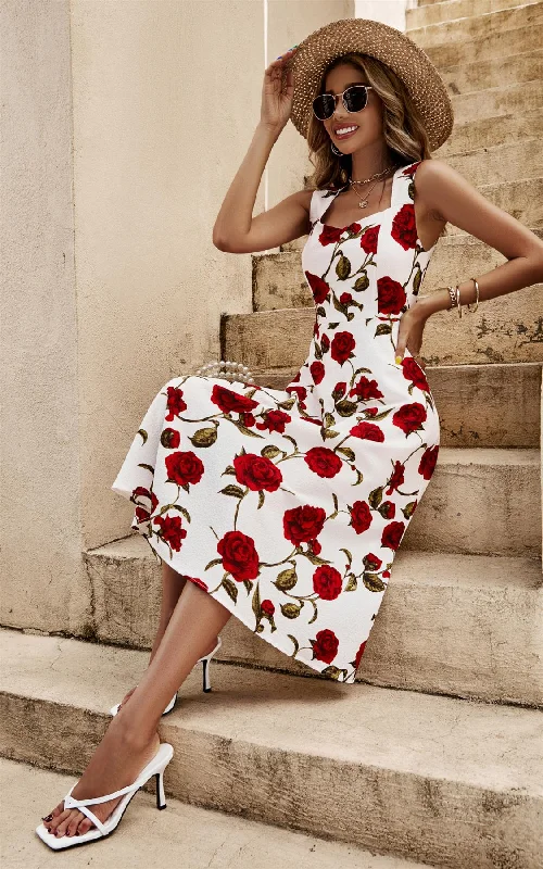 Red Roses Print Heart Neck Midi Dress In Off White