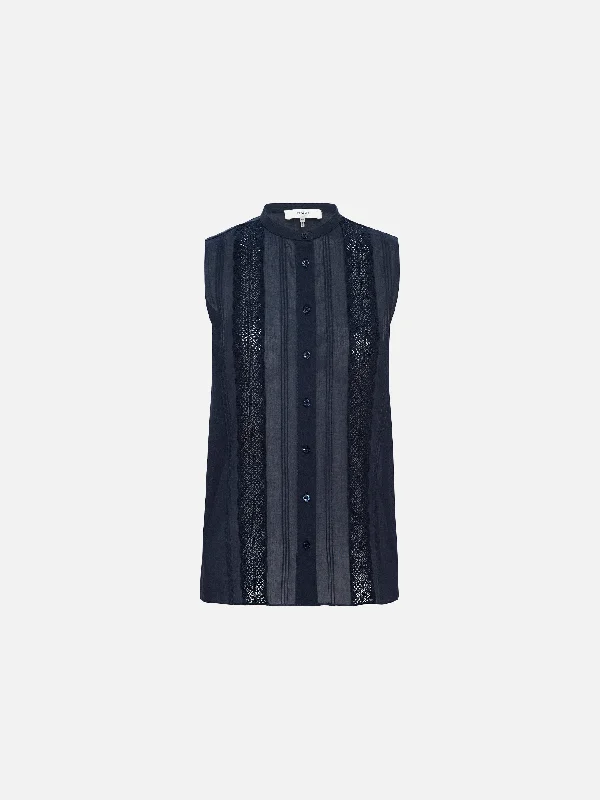 Lace Trimmed Sleeveless Shirt -- Navy