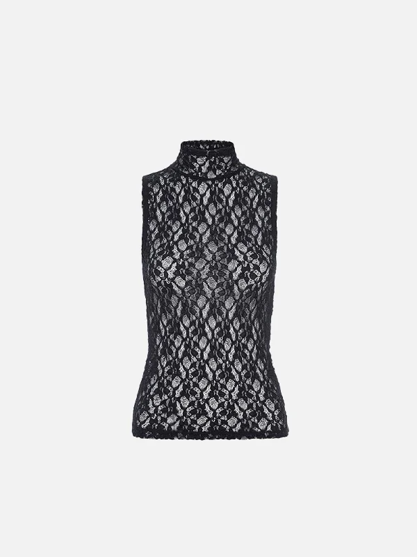 Sleeveless Mesh Mockneck Top -- Black